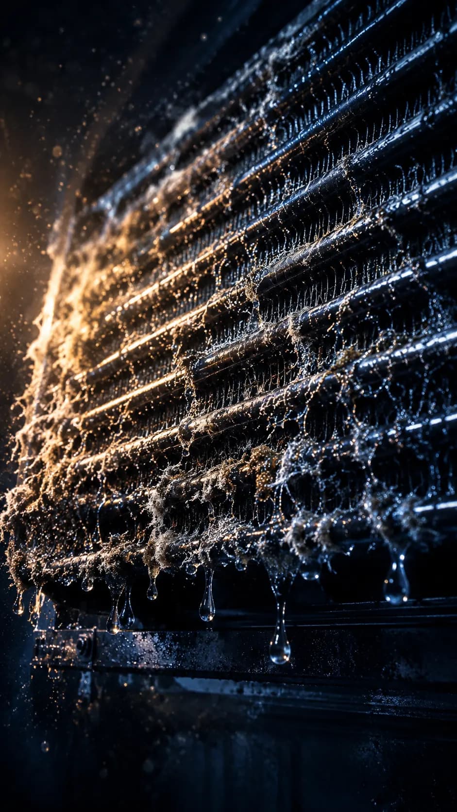 An evaporator coil in the dark, fouled with growth and dripping condensate.