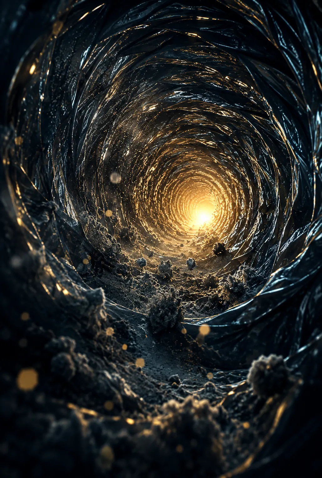 Looking down the inside of a flexible duct toward the light, the floor of it loaded with dust.