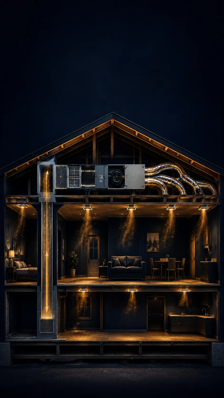 A cutaway house at night showing the air handler, ductwork, and air falling from every register.